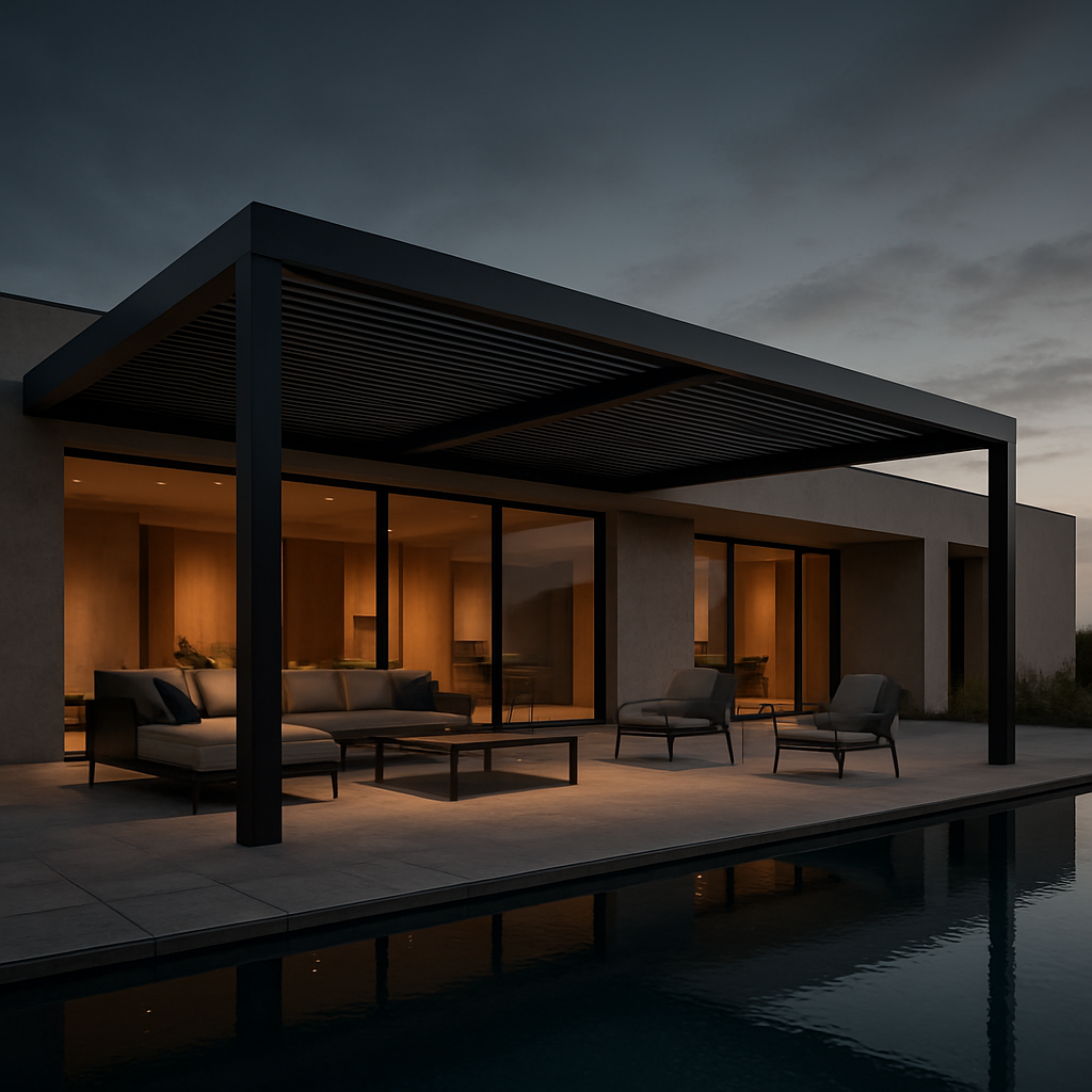 Luxury villa with an integrated bioclimatic pergola at dusk